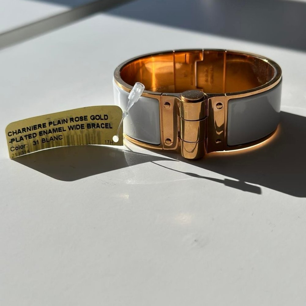 Hermès Charniere Rose Gold Enamel White Bracelet - Medium
